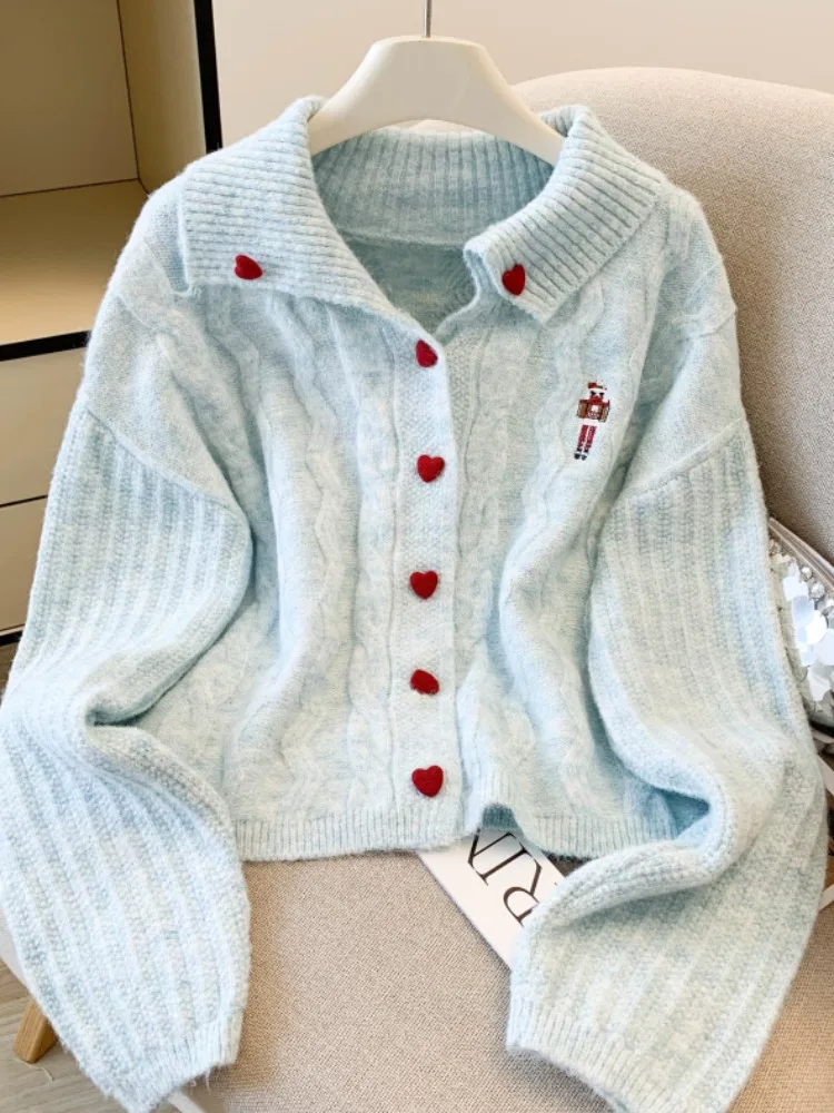 

Women's Knitted Open Cardigan Heart Bule Turn-down Collar Loose Lazy Sle Small Size Sweater Coat Original Design Autumn W...