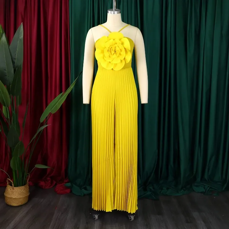 

Women's Ruched Wide Leg Jumpsuit Vacation Yellow Halter Collar 3D Pleated Chiffon Pleated Spaghetti Straps Elegant Jumpsuit 2