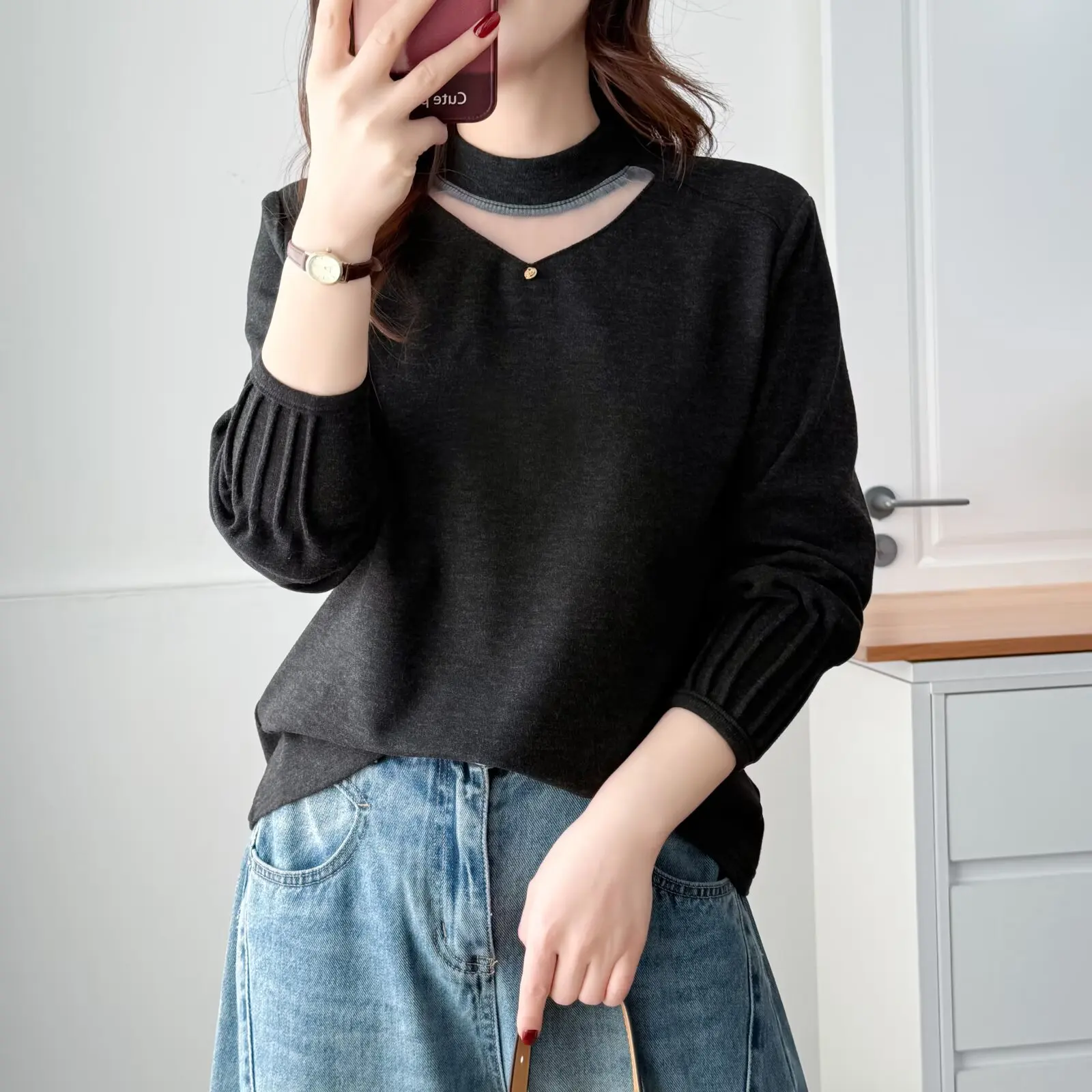 Xxxl moda plus size mulher roupas camiseta inverno malha retalhos colarinho velo quente dobrar punhos manga comprida base topos 895