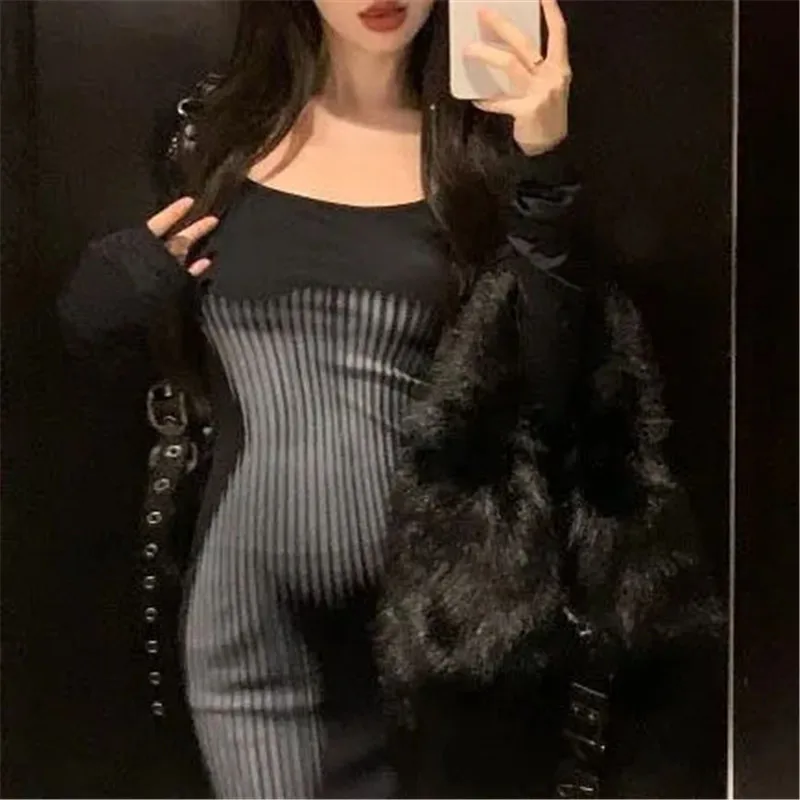 Grunge Punk See Through Womens Dresses Slim Elastic Sexy Harajuku Fashion Streetwear Clothing Party Elegant Evening Long Dresses