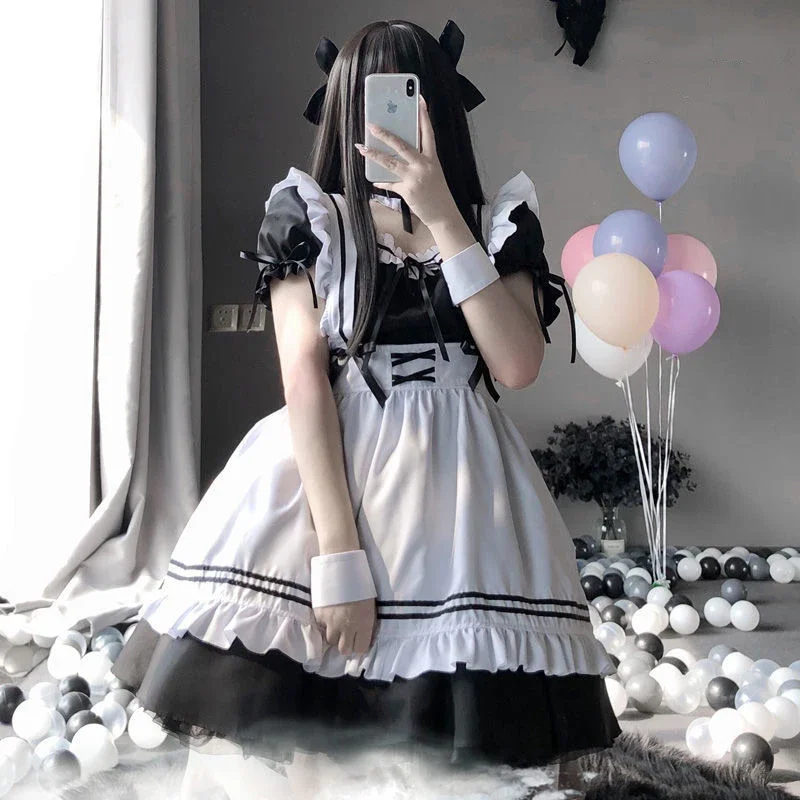 Sexy Lolita Meid Cosplay Jurk Meisjes Vrouwen Mooie Miad Cosplay Kostuum Outfit Schort Kousen Comic Con Cosplay Jurk