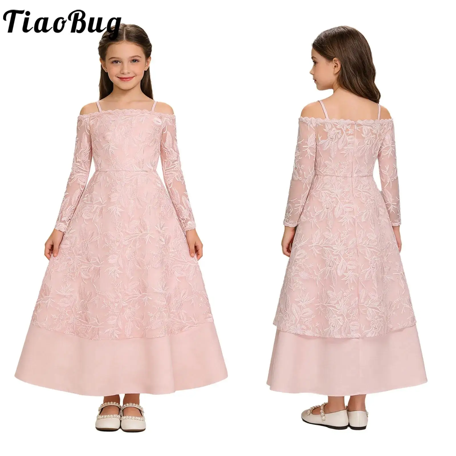 Kids Flower Girls Dress Embroidered Lace Cold Shoulder Chiffon Maxi Dress Wedding Bridesmaid Birthday Pageant Prom Party Gown