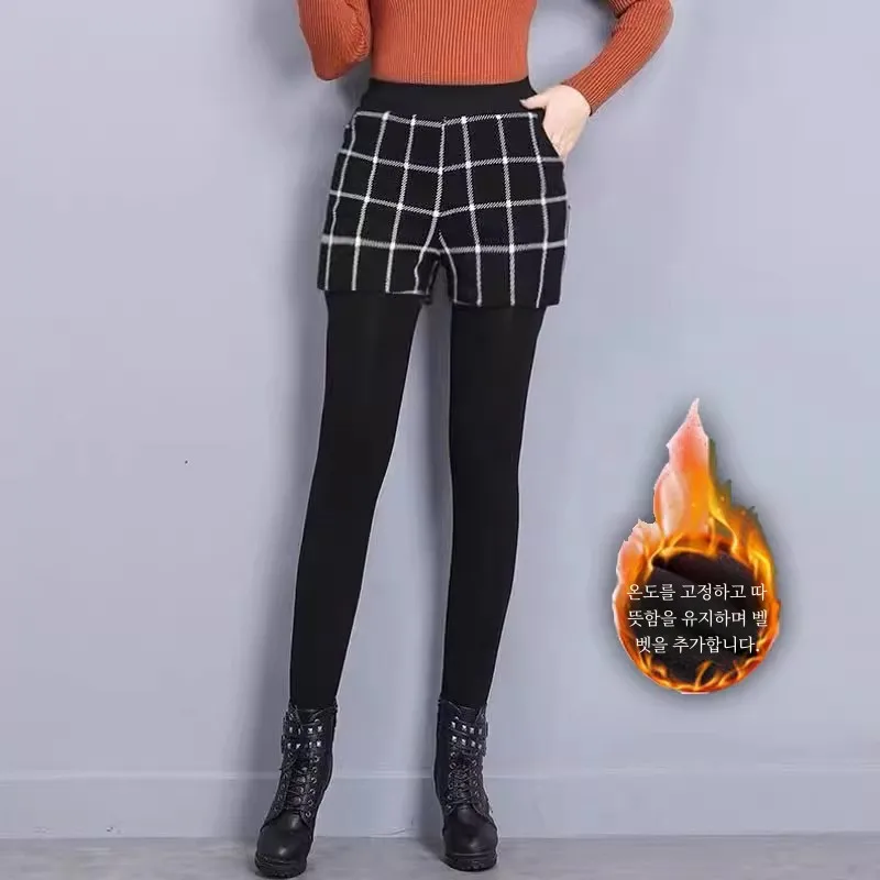 Fleece-lined Thickened Leggings Fake Two Pieces with Skirt Plus size Chubby Girl Women clothes Stepping Woolen Plaid Culottes...