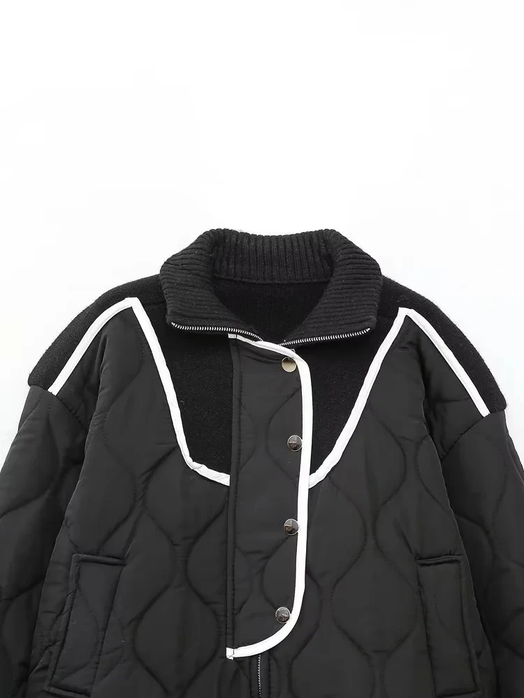 Parkas Womens Korean Fall Corduroy Fleece-Lined Double-Layer Patchwork Lining Stand-Collar Plaid Buttonless Lace-Up Pleated Midi