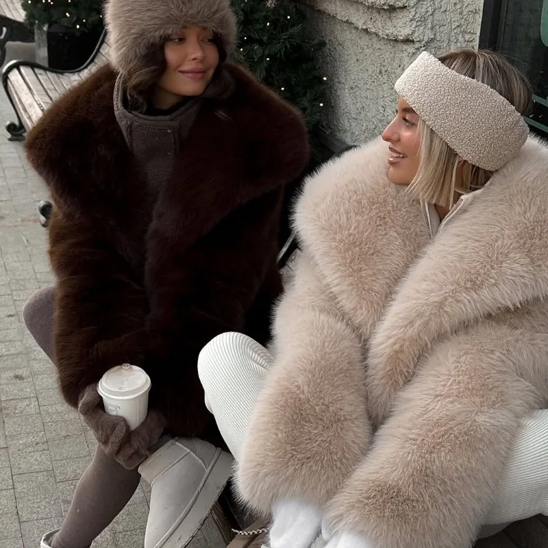 Chaqueta corta de piel sintética marrón para mujer, chaqueta peluda holgada lisa con solapa grande, abrigo de felpa grueso y cálido y esponjoso, zorro sintético de lujo elegante 2025