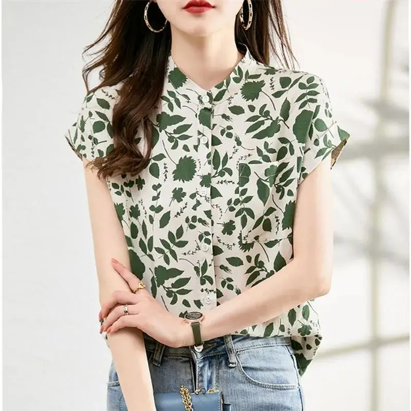 Chinese Style Commute 2024 Summer Blouses Women\'s Floral Stand Collar Thin Button Pocket Short Sleeve Loose Casual Printed Shirt