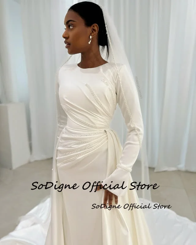 SoDigne-Robe de Mariée Sirène en Satin à Col Rond, Simple, Complète, de Plage, Personnalisée, 123