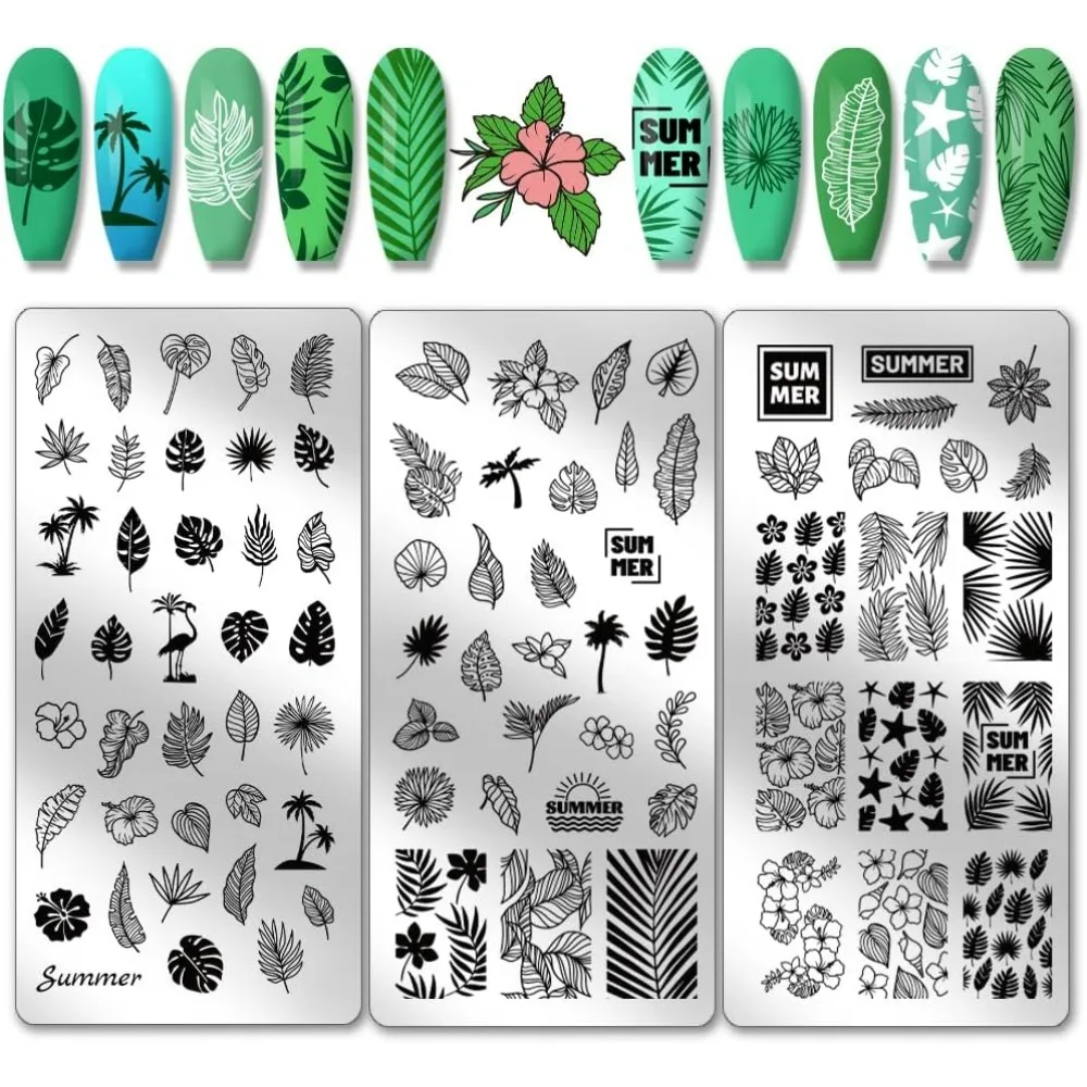 

3pcs Palm Leaf Nail Art Templates 87 Patterns Summer Plant Nail Stamping Coconut Tree Nail Art Stencils Stainless making kit