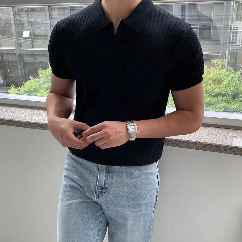 Man Summer Slim Fit Collared Polo Shirt Boys Korean Style Solid Short Sleeve Casual Top Men Casual Commuter Lightweight Shirt