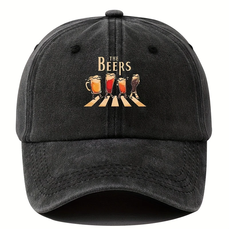 

2026 Summer Vintage Black Baseball Cap, THE BEERS Funny Beer Mug Crosswalk Printed Casual Outdoor Sun Protection Dad Hat kids