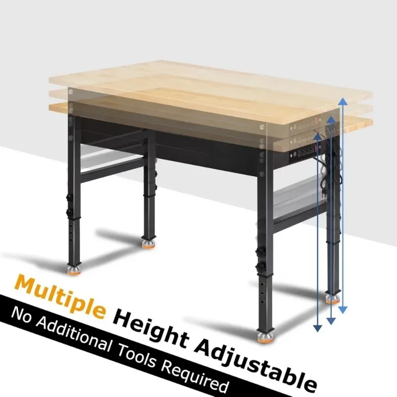 Mesa de trabalho resistente da bancada de madeira de borracha com tomada de energia, capacidade de carga de 2000 libras, bancada de trabalho ajustável de 48"