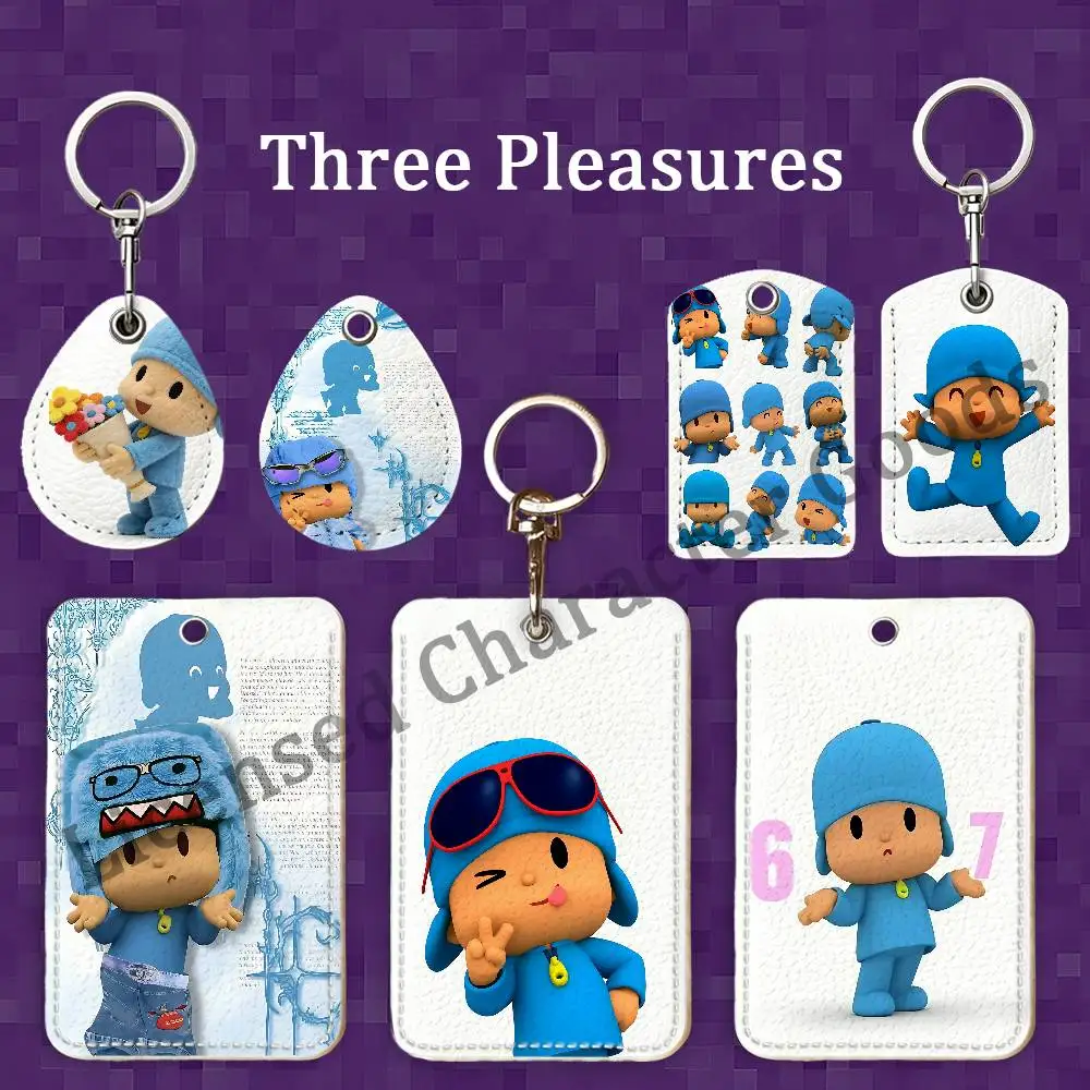 Cute P-Pocoyo Rectangle Card Case Keychain Access Card Bag Key Tag Ring Leather Card Holder Key Ring Access