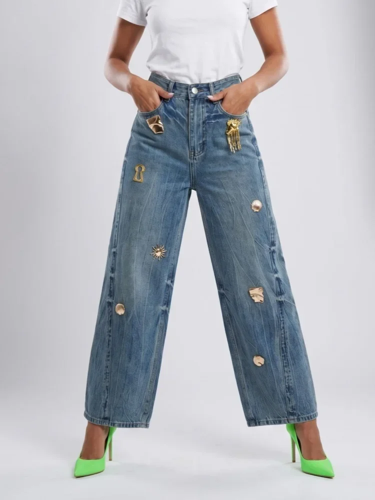 Style Metal Decoration Design Washed Blue Baggy Women's Jeans Pants For Woman Clothing Straight Denim Trousers