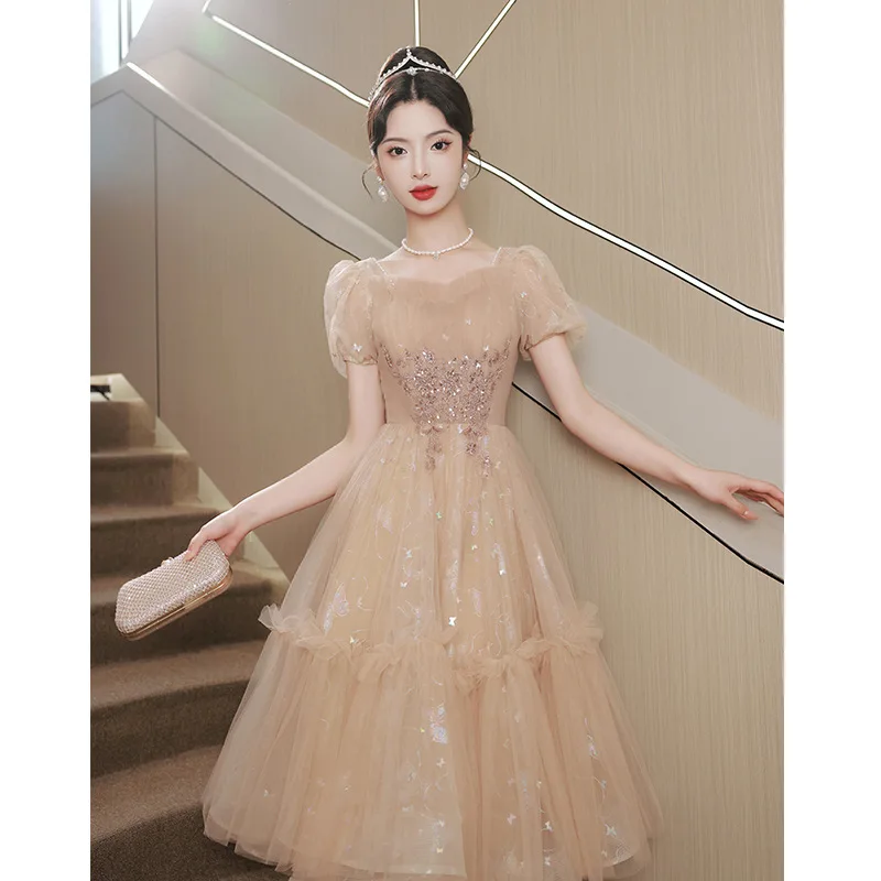 

Gorgeous Khaki Princess Party Dress Sweet Beaded Square Collar Formal Dresses Exquisite Applique Sparkling Butterfly Prom Gown