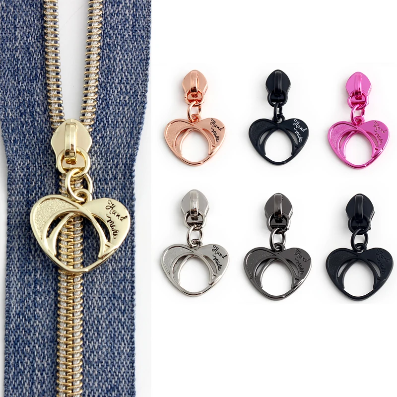 5PCS Hollow Love 5# Nylon Puller Slider Clothes Bag Sewing Zipper Head Heart Shape Engraved Letters DIY Handicraft Accessories