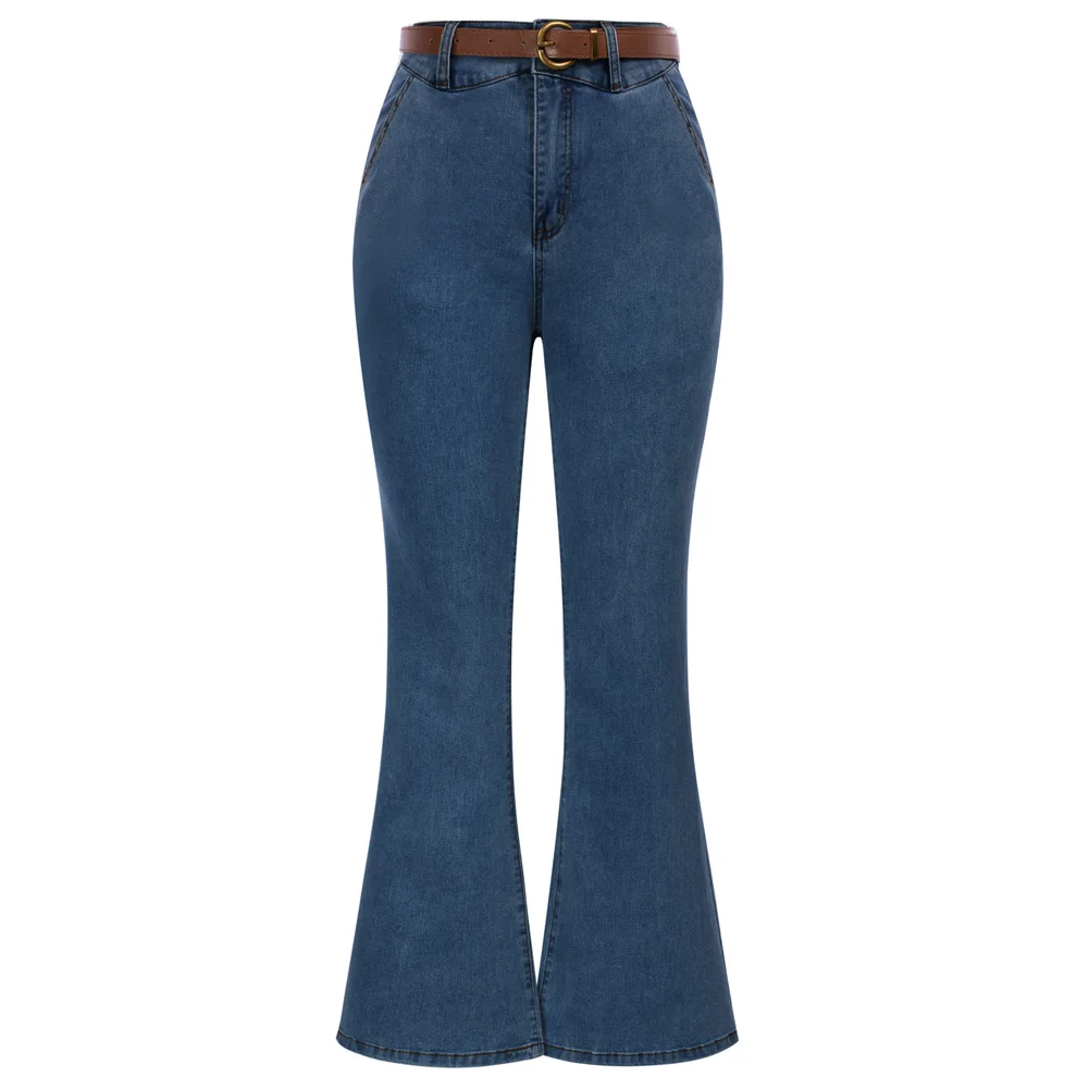 

Belle Poque Women Vintage Jean Bell Bottoms With Belt High Waist Flared Pants Casual Stretchy Trousers With Pockets A30