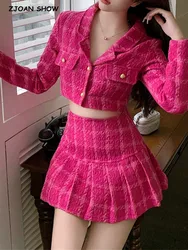 Mini jupe plissée en Tweed Rose pour femme, ensemble assorti, court, Blazer, taille haute, mode, 2 pièces