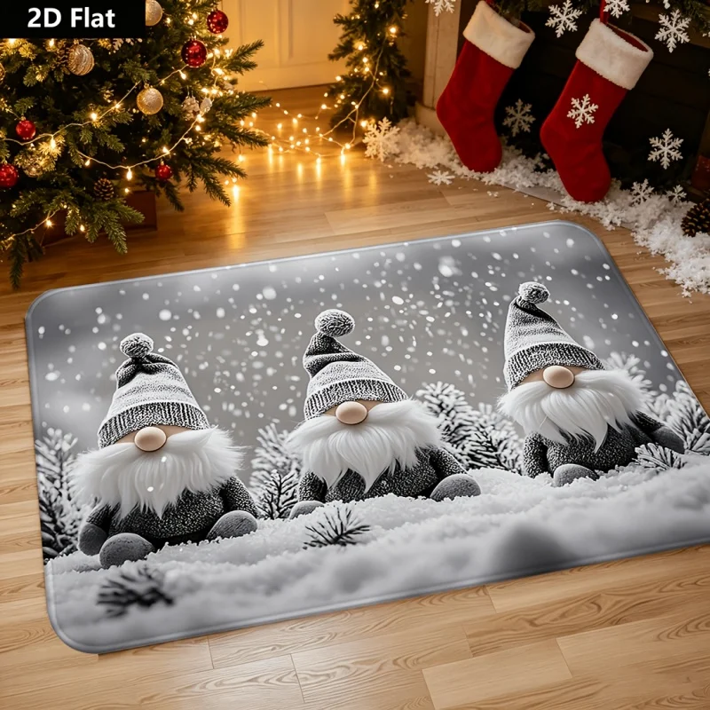 Grey Winter Gnome Christmas Doormat, Snow Scene Printed Floor Rug, Indoor Front Door Holiday Decor