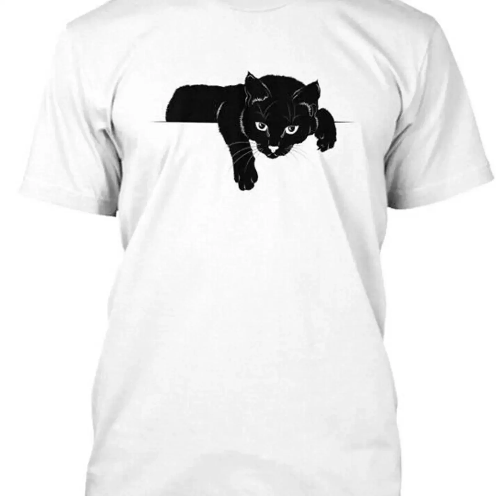 White graphic design t shirt with black cat lying down made in USA sizes S to 5XL vintage Washed Top For Everyday Wear fashion
