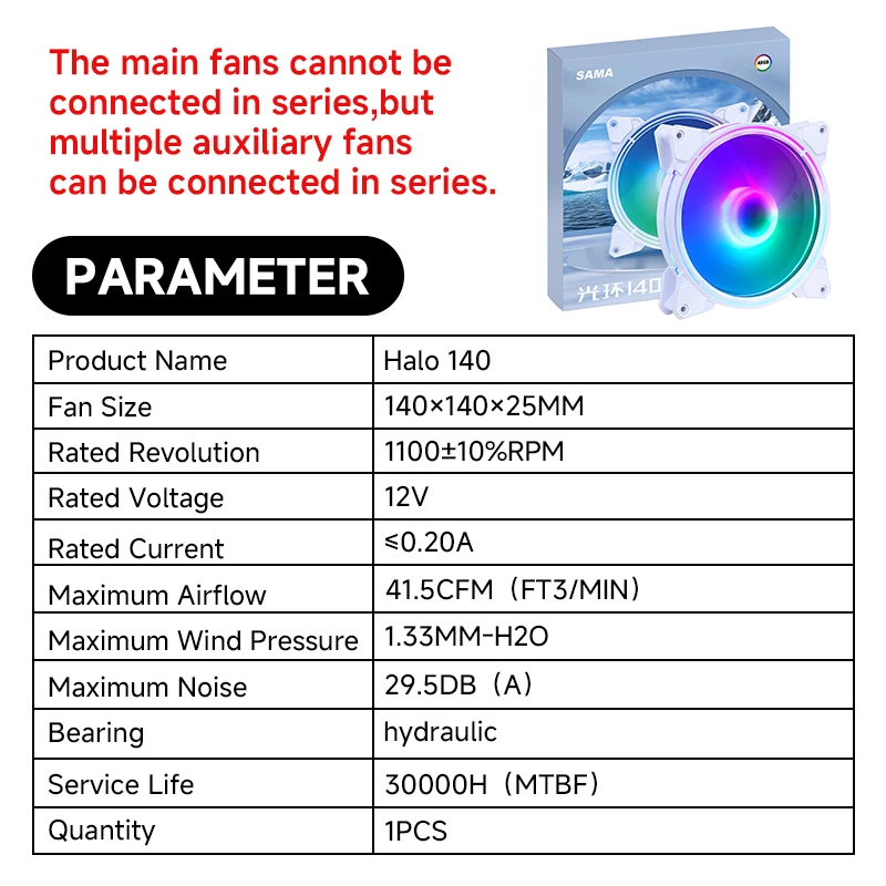 

140mm PWM temperature control, high air pressure water-cooled cooling, magnetic levitation SAMA Halo 140 White ARGB Primary Fan