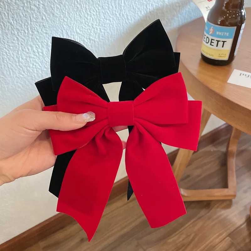 Fashion Red Black Bow Hair Clip for Women Korean Design Long Tassel Ribbon Bow Spring Clip Hairpins Girls New Year Headwear