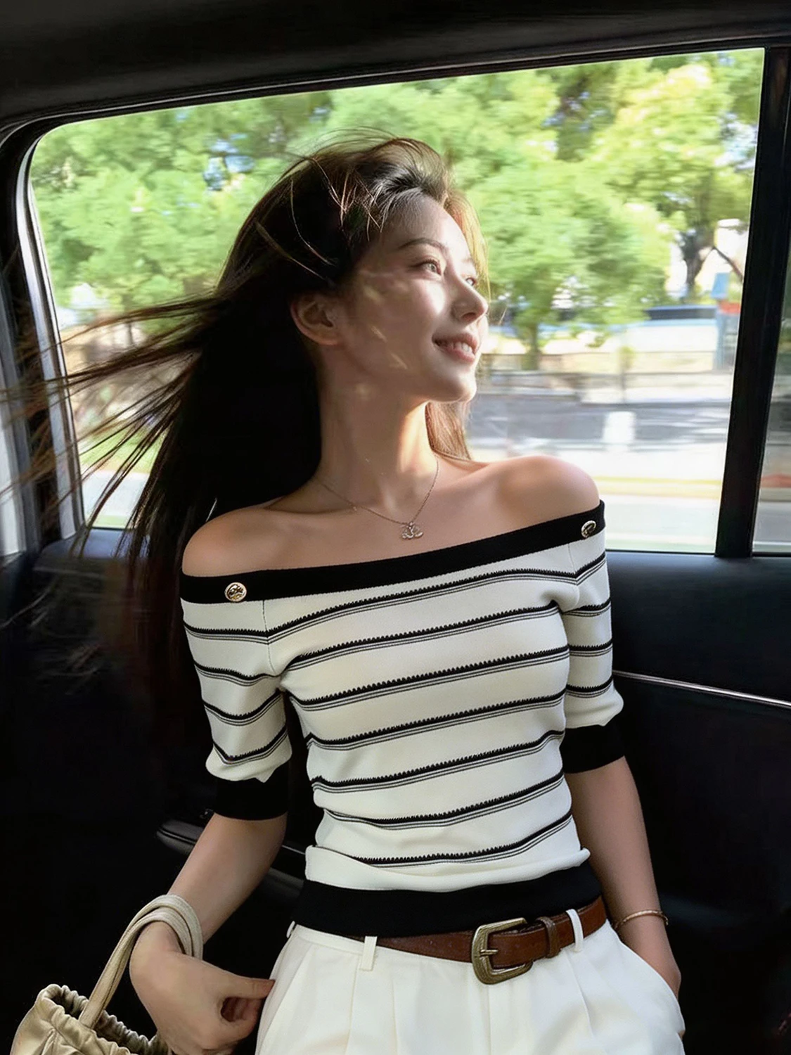 

Korean Style Short Sleeve T-Shirt Women's New Summer Striped Slim Fit One Shoulder Knitted Design Trendy Top Commute Wind