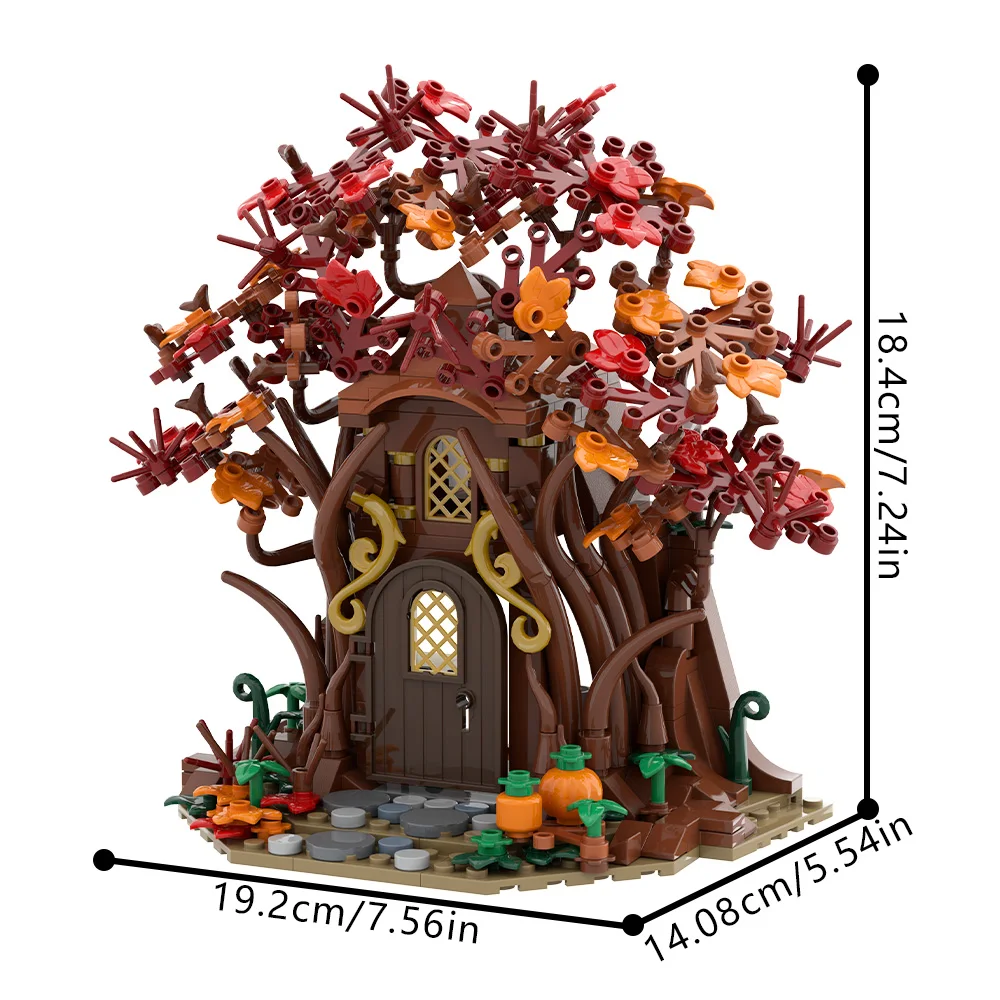 MOC Maison d'elfes de la forêt en automne, blocs de construction, briques, modèle à assembler, jouet