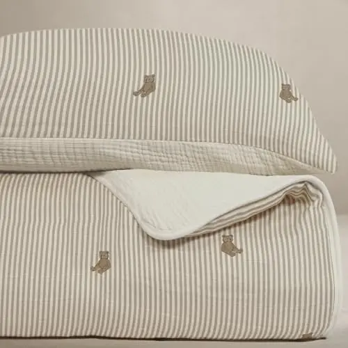Bear Crib Bedding Set, 5-Layer Organic Cotton Muslin Crib Quilt & Sham, Teddy Bear Nursery, Toddler Comforter 45x60