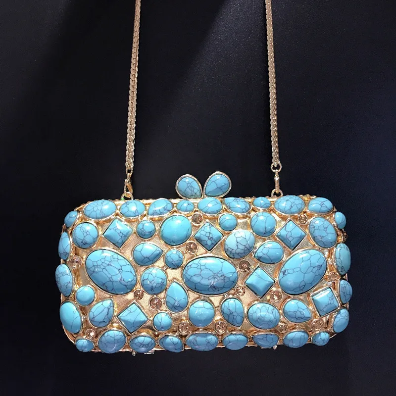 Turquoise Synthetic Agate Stone Evening Bags and Clutches for Women Formal Party Bags Party Rhinestone Handbags