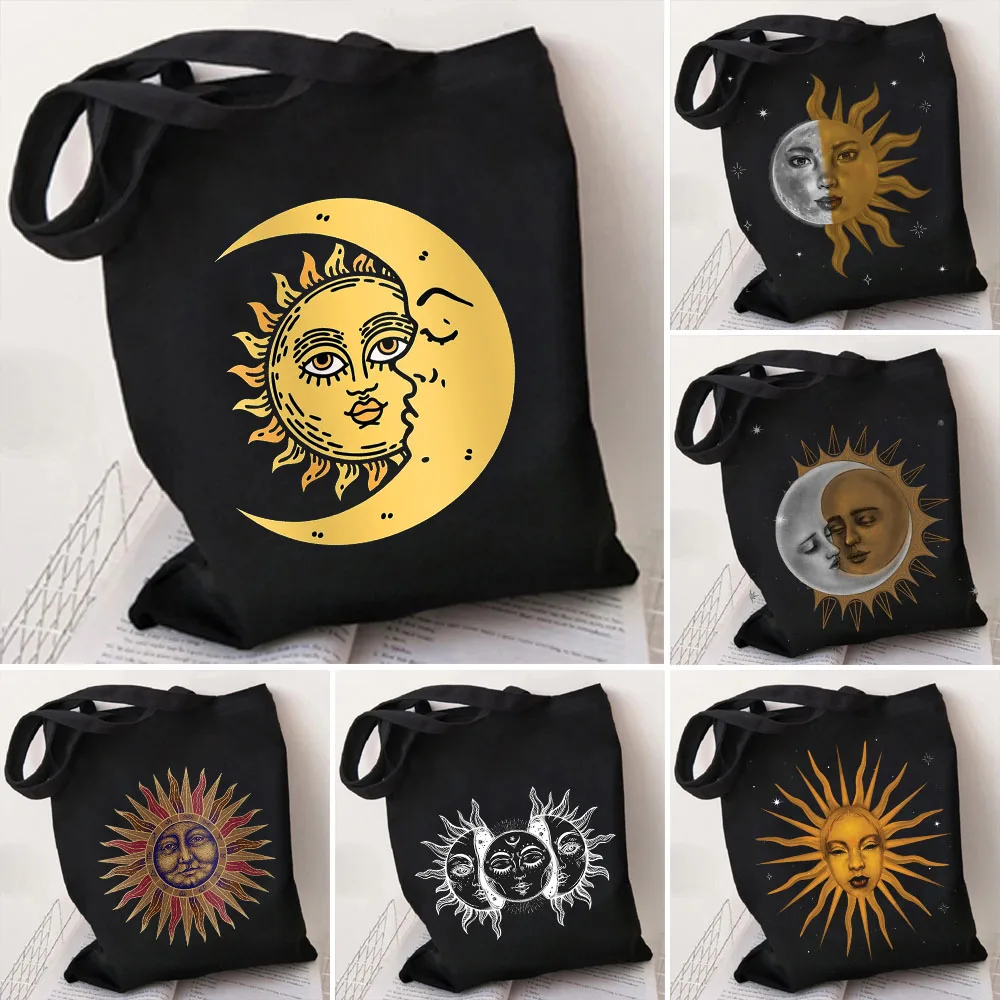 Vintage Celestial Golden Sun Face Moon Star Art Women Canvas Shoulder Bags Harajuku Handbag Tote Eco Shopper Cotton Shopping Bag