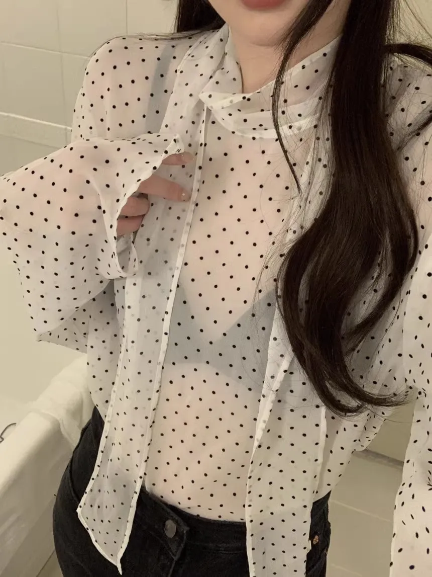 

Korean Style Polka Dot See through Shirt with Bow Tie Back Zipper Long Sleeve Women's Casual Fashion Spring Summer Top
