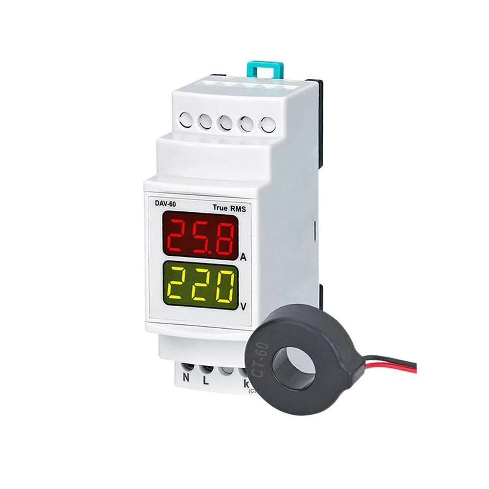 Digital DIN Rail Voltage Current Meter Dual 3-Digit Display with CT Transformer 140-270V AC 50/60Hz 1-63A Voltage Current Meter