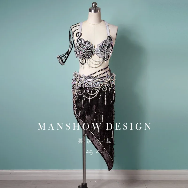 

Customized Belly Dance Inspirational Performance Costume Heavy Industry Dynamic Tassel Triangle Short Skirt Competition Dress