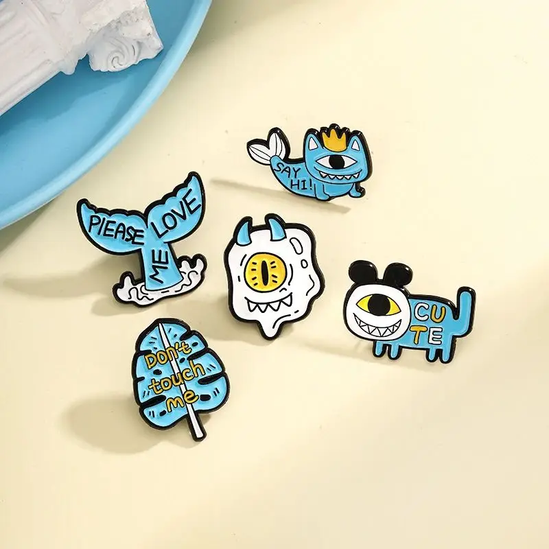 Cute Cartoon One Eyed Monster Enamel Brooch Creative Love Animal Cat Fish Blue Lapel Pin Badge Backpack Clothing Hat Accessories