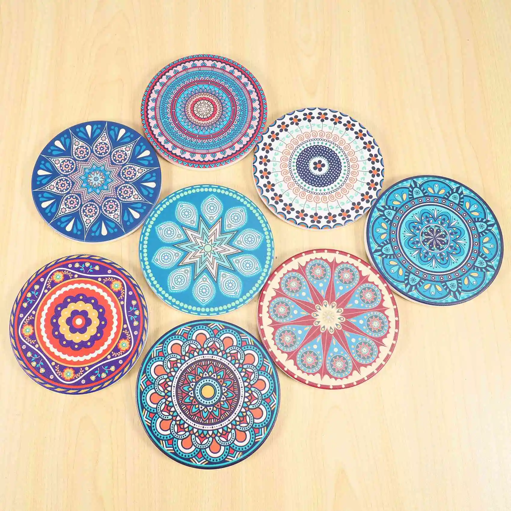 SYW-Coasters For Drinks, Set Of 8 Absorbent Stone Coasters For Wooden Table, Mandala Coasters With Cork Base