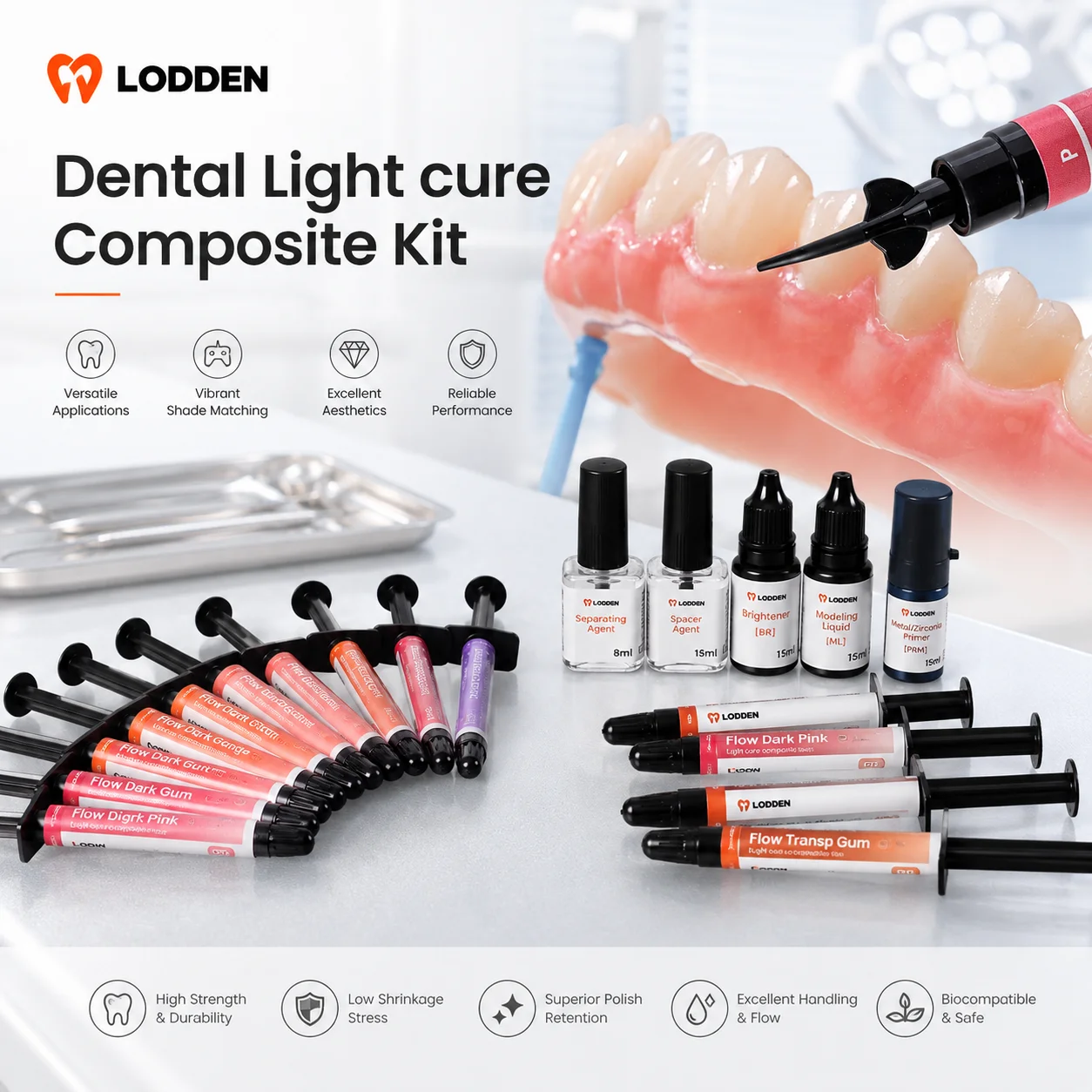 Lodden Dental Light Cure Composite Resin Flow Paste Metal/Ceramic/PMMA Primer Bond Crown Bridge Implant OXY Barrierr