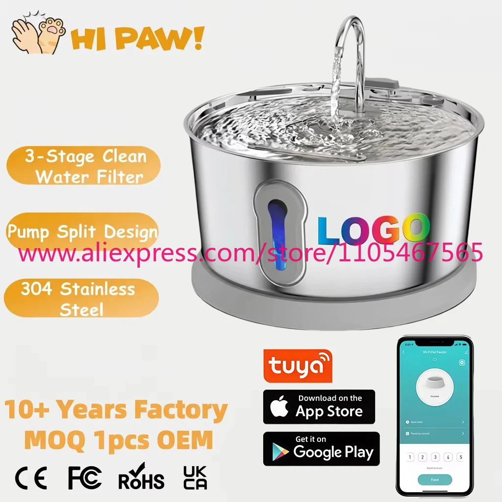 1Pcs 4L large capacity 304 stainless steel automatic pet water dispenser cat and dog water dispenser round design