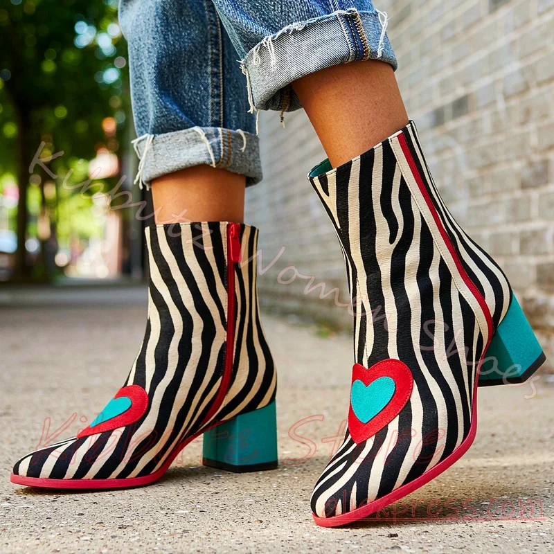 Zebra Heart Ankle Boot Patchwork Women Chunky Heel Leather Mixed Color Footwear Y2K Streetwear Alternative Statement Luxury New