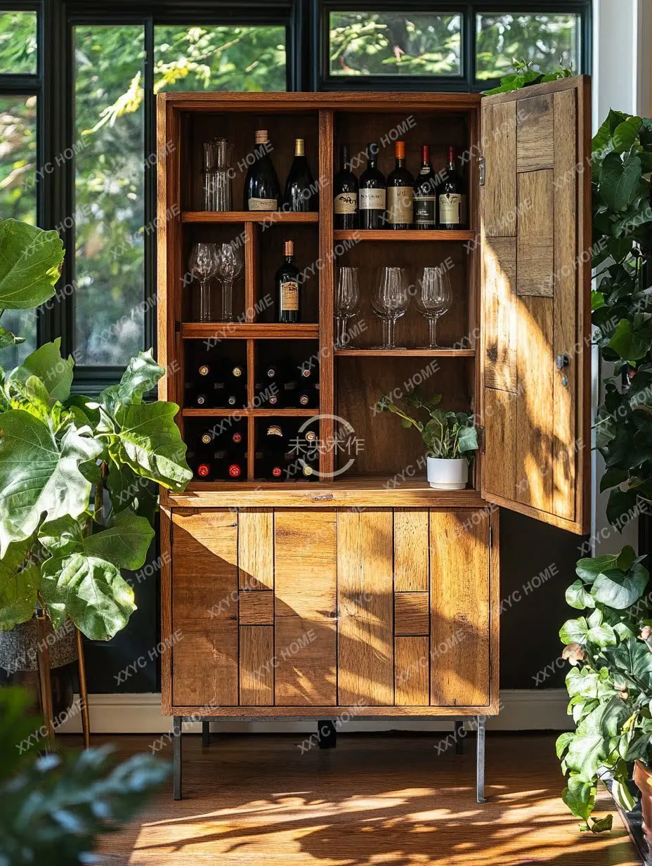 Natural solid wood wine cabinet log wind display cabinet against the wall solid wood ecological board retro small wine rack