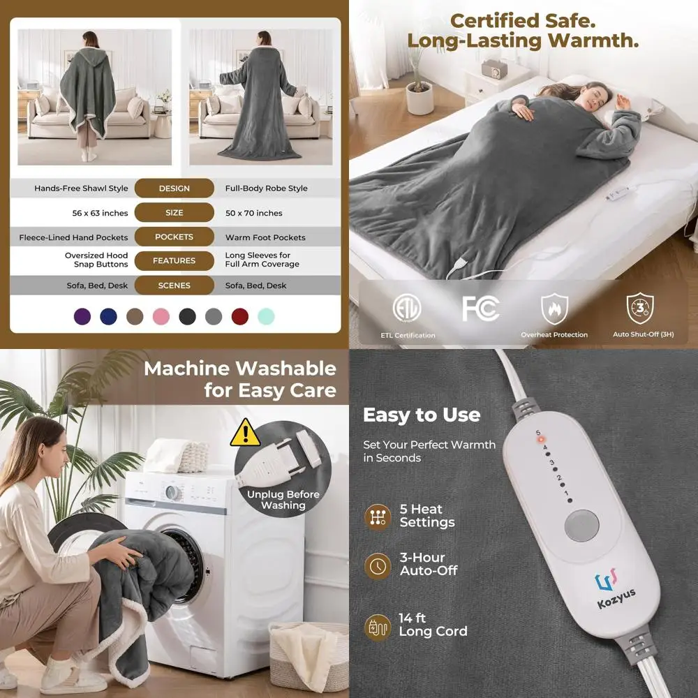 

Heated Blanket with Pockets & Sleeves, 5-Setting Electric Robe, Auto-Off, Washable, ETL Certified, 50x70 Light Grey