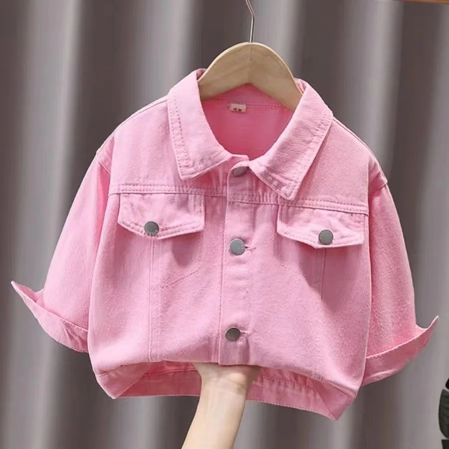 Girls Spring and Autumn Jackets 2024 New Coat Fashionable Girl Baby Cute Back 3D Small Flower Pink Denim Coat Girls Top