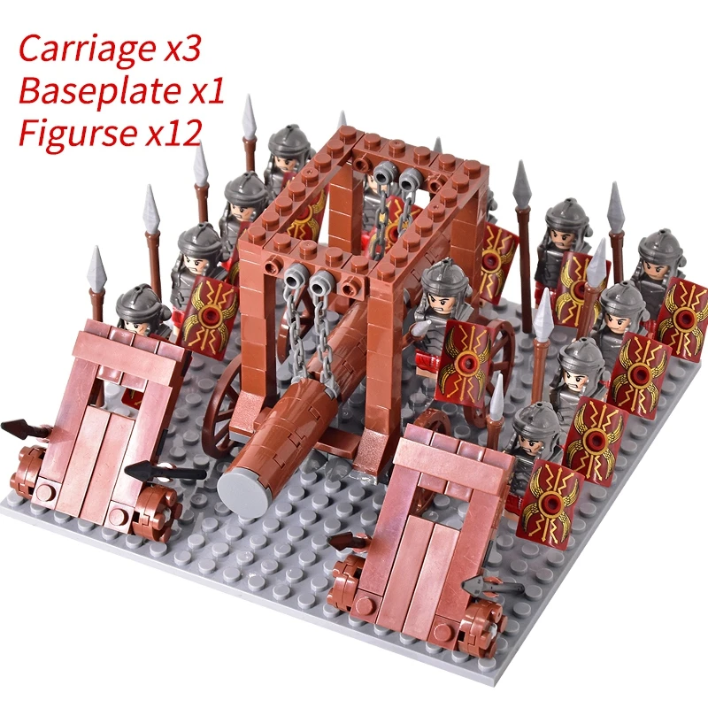 

12 Figure Ancient War Set w 3 Chariots 1 Baseplate: Black Silver Armor Red Crests Spears Yellow Shields for Building