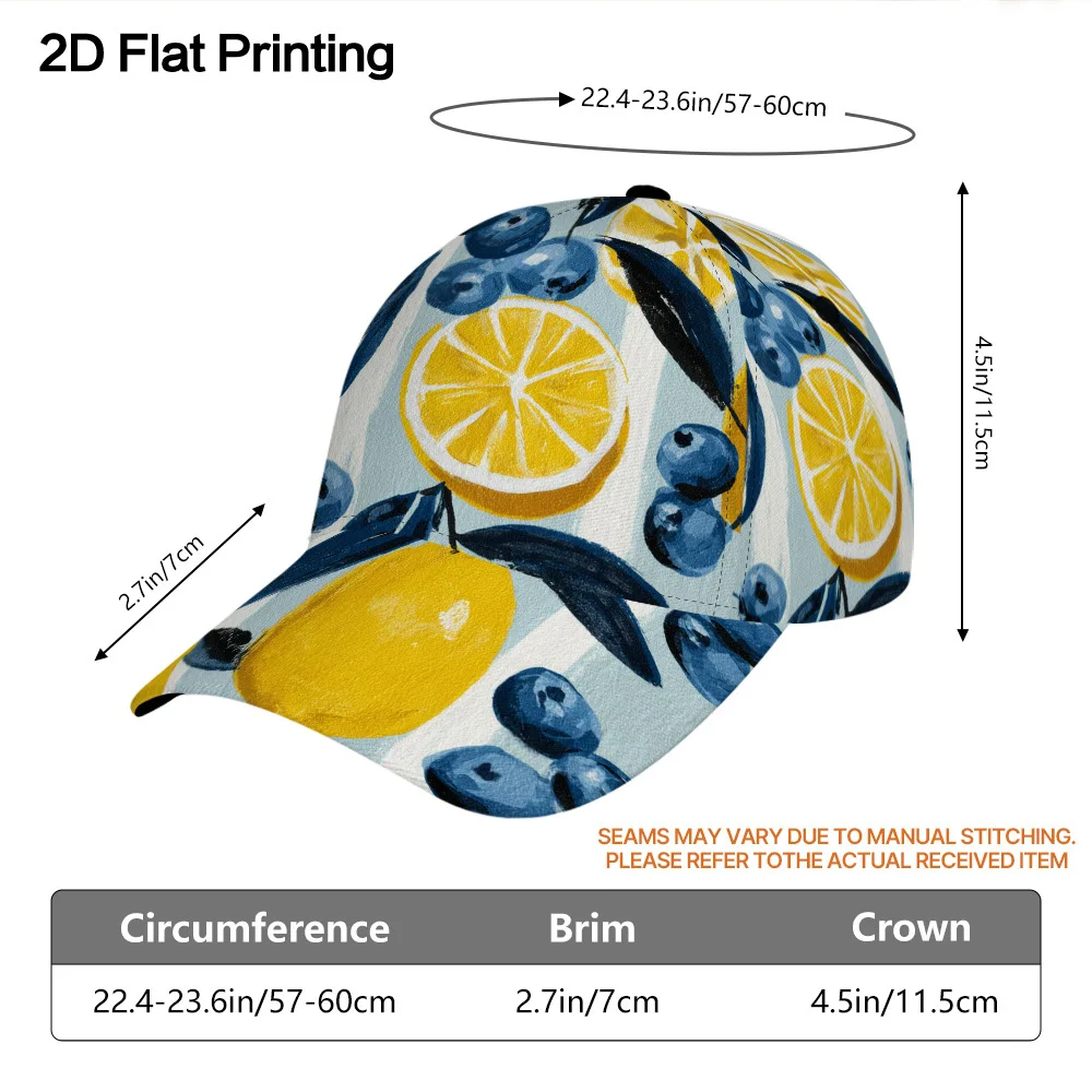 Customization 1pc 2D Flat Printing Breathable Unisex Adjustable Baseball Cap With Lemon And Blueberry Leaves Pattern, Ideal For