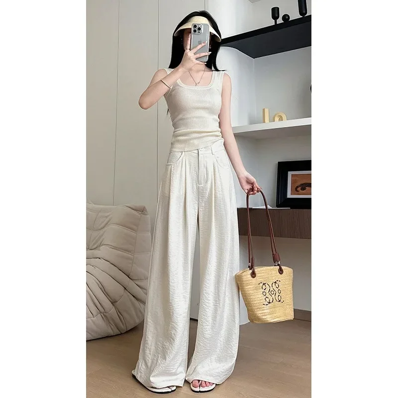 Dünne Damen-Hose mit hoher Taille und geradem Bein, lockere, faule Hose mit weitem Bein, weiße Milch-Ehemann-Hose, Frühlingsneue Damenhose