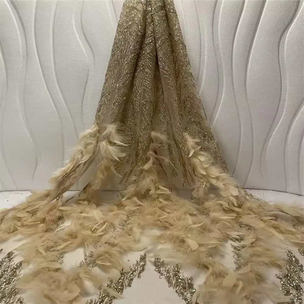 European and American Feather Fringed Princess Dress Fabric, Gold Sequined Lace Mesh Fabric for Wedding and Evening Dresses