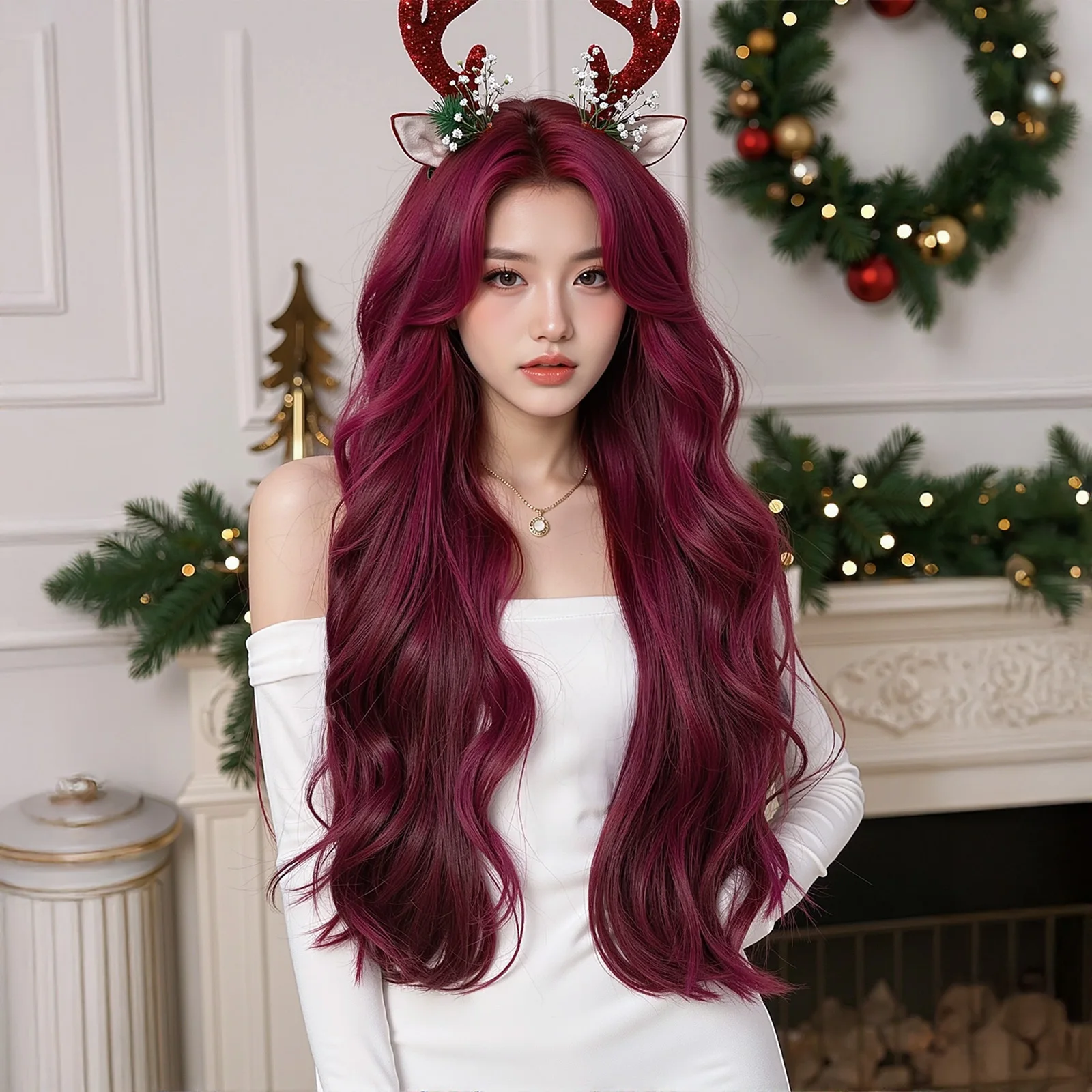 ChristmasChristmas Burgundy P Wigs Super Long Wavy Wig With Medium Part Bangs Curly Synthetic Hair For Women Daily Cosplay Party