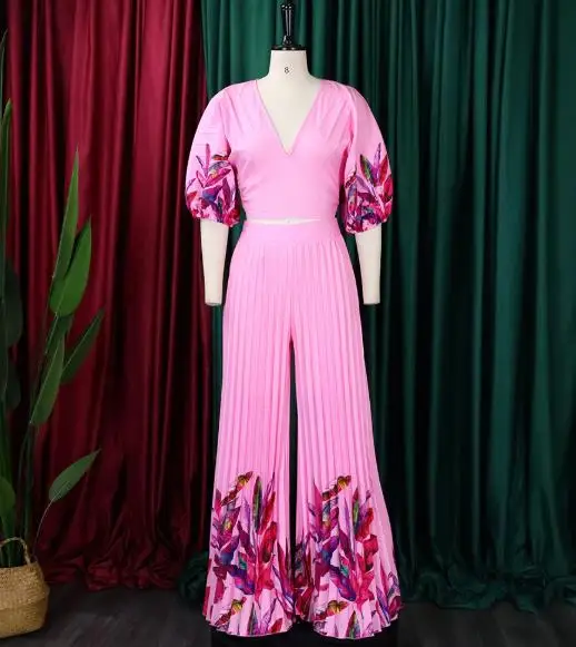 

Two Piece Set Women Outfit 2026 Spring Summer New Fashion V-Neck Print Half Sleeve Crop Top & Casual Plaeted Wide Leg Pants Set