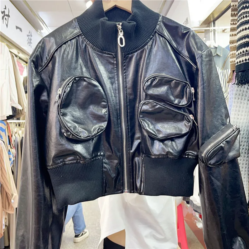 Multiple Pockets High-waist Short Faux PU Leather Jacket Khaki Black Spring Autumn Women Stand Collar Motorcycle Biker Jacket