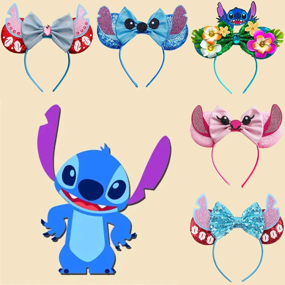 Lilo & Stitch Disney Ears Hairbands Women Cute Sequins Bow Anime Headbands Girls Cartoon Angel Headwear Kids Festival Party Gift