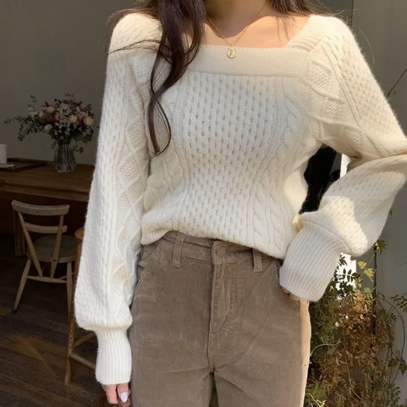 

French Retro Square Collar Twist Sweater Women Autumn Winter Loose Waist Slimming Lantern Sleeve Knitted Base Shirt 2024 New